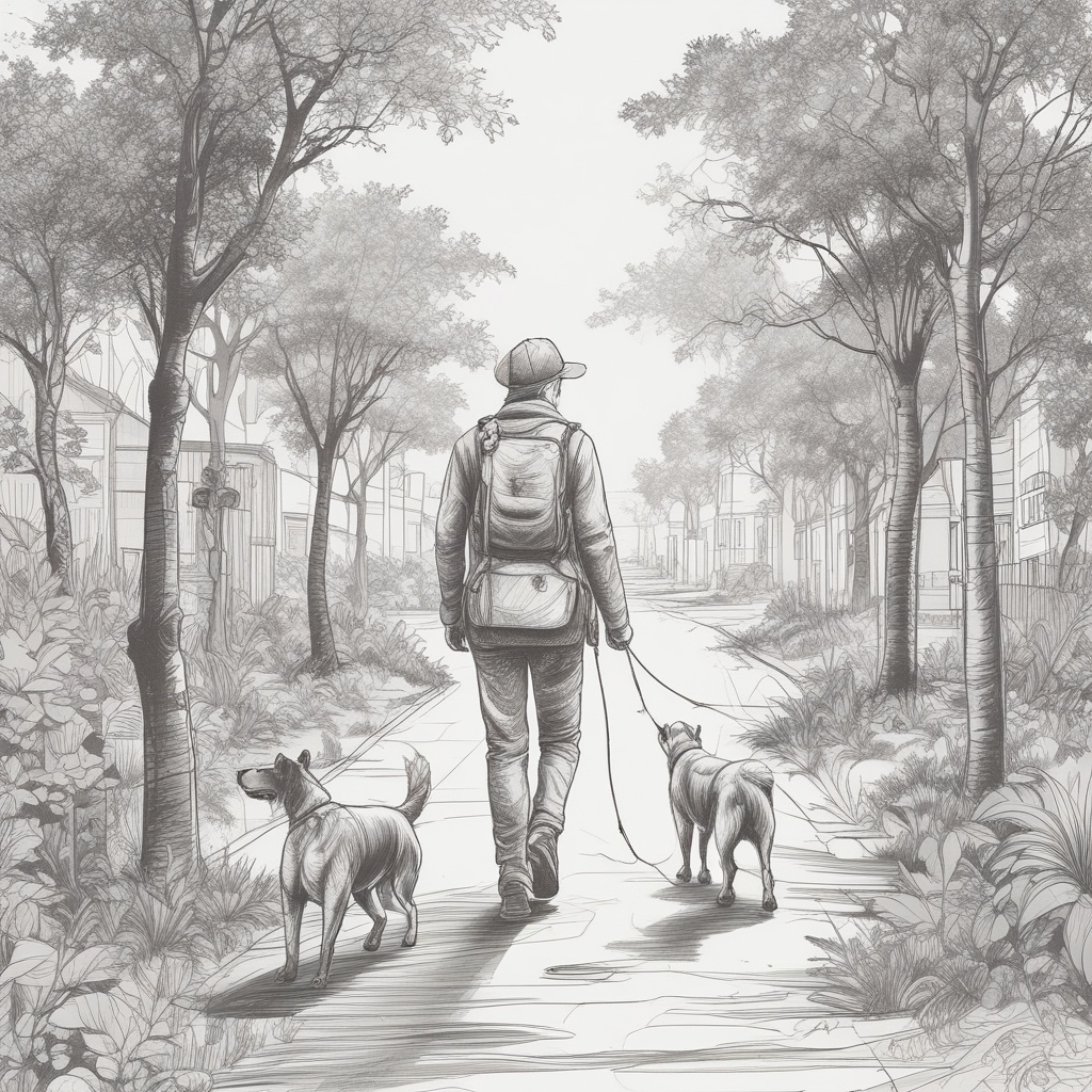 Sketch design of a person walking a dog